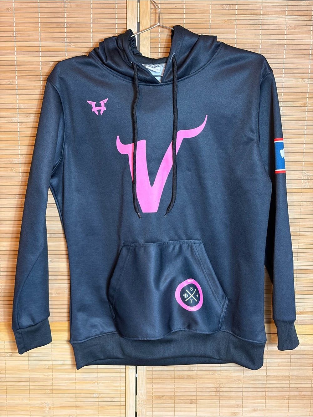 Black Varsity Hoodie with Pink Logo Accents Hard Shell S Read No size tag